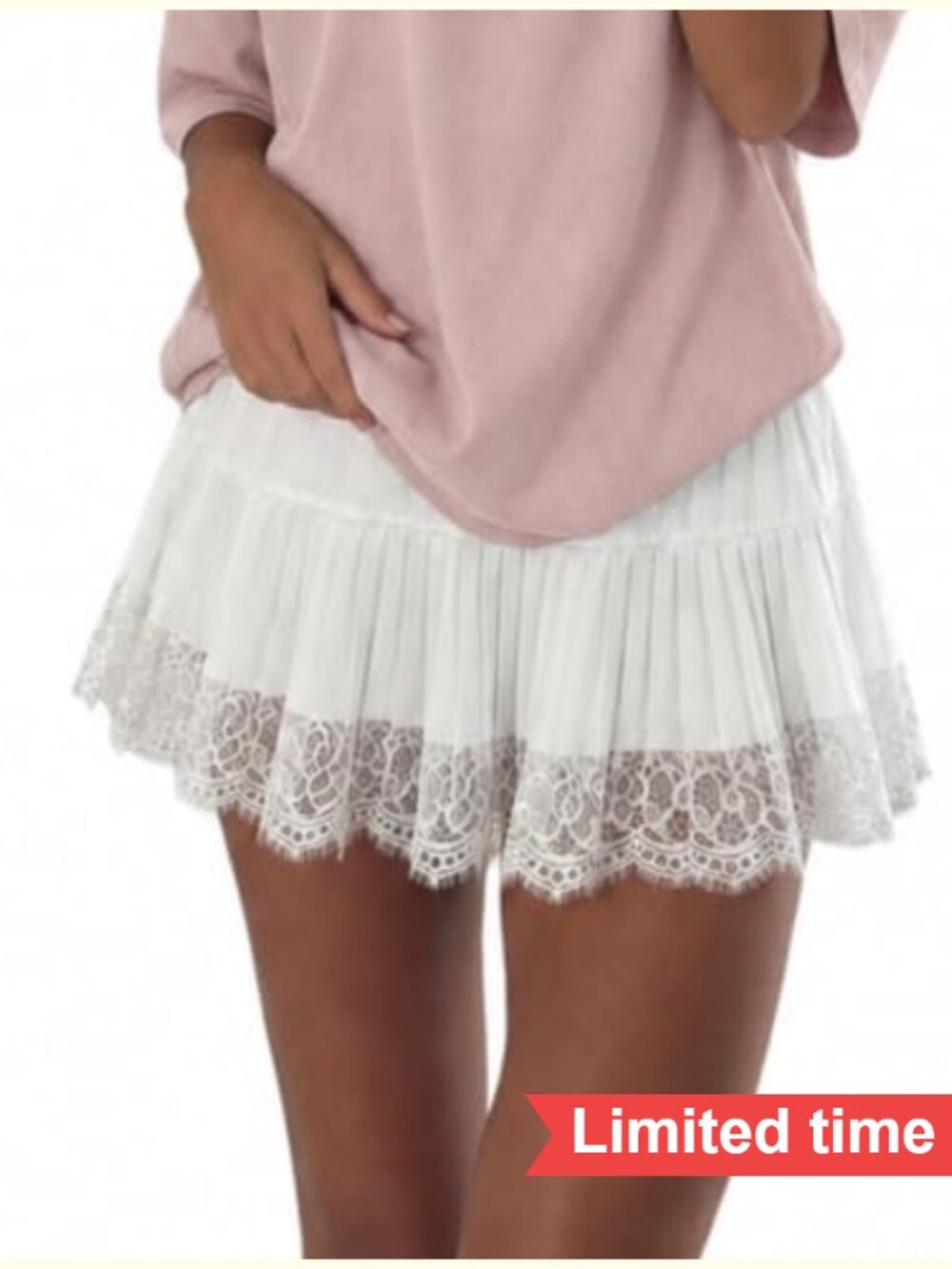 Pleated Lace Hem Mini Skirt Stretch Waist